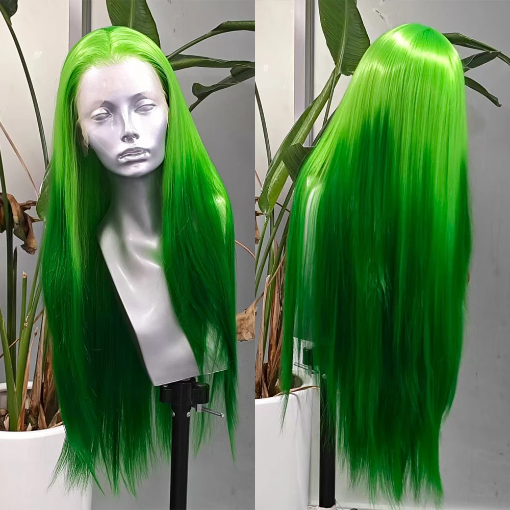 Image of Ombre Grüne Gerade Synthetische Perücke Lange Gerade Zweifarbige Grüne Lace-Front-Perücken Vorgezupft Hitzebeständig Farbverlauf Grünes Haar