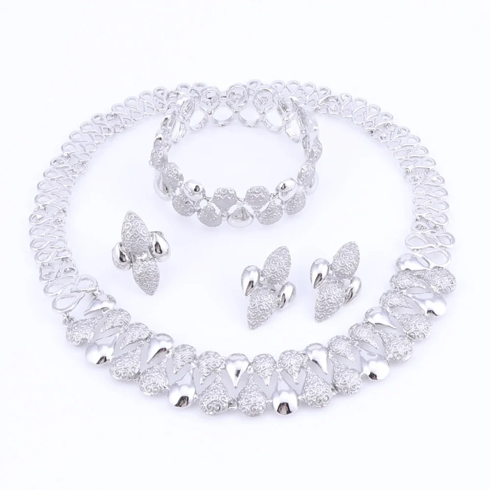 Fashion Wedding Dubai Africa Nigeria African Jewelry Set Silver-color Necklace EarringsRomantic Woman Bridal Jewelry Sets