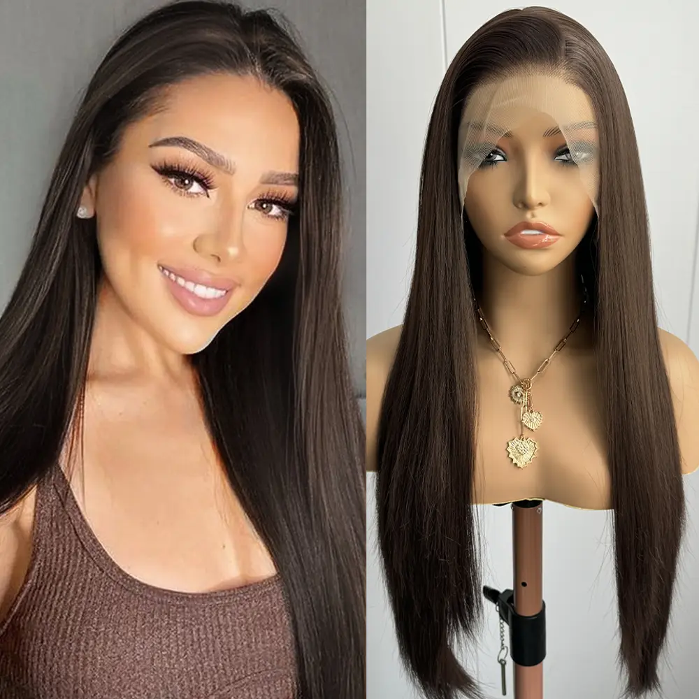 Peruca marrom longa reta perucas dianteiras do laço sintético para mulheres cabelo brune escuro chocolate marrom perucas de renda uso diário festa cosplay
