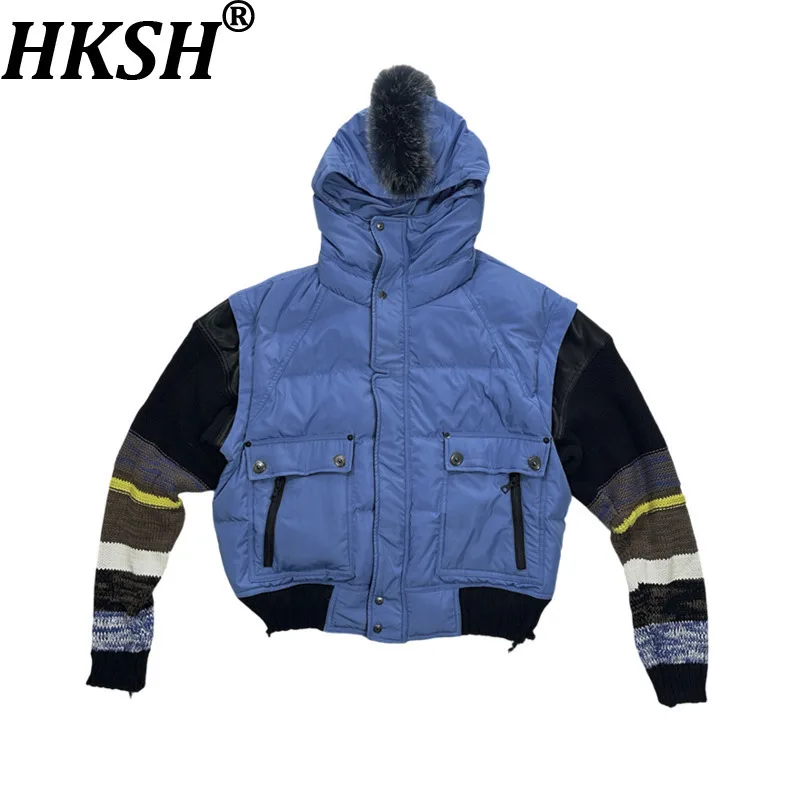

HKSH Autumn Winter New Men Waste Land Fur Hat Contrast Color Woolen Sleeve Detachable Down Jacket Patchwork Padded Coats HK16705