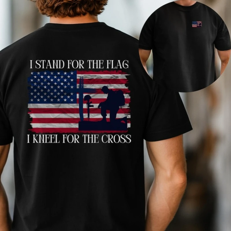 

I Stand for The Flag Kneel for The Cross T-Shirt Patriotic Faith US Flag Soldier Cross Graphic Tee Patriotic Christian Military