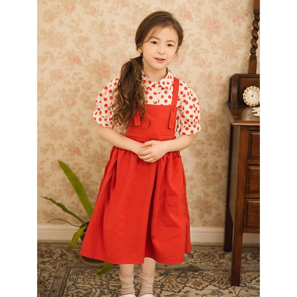 Vestido de Verão para Meninas Hong Kong Han Bao Bei, Blusa de Poá e Macacão, Vestido Midi Moderno para Crianças, Conjunto de ...