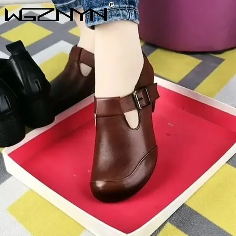 Fashion Handmade Retro Style Women Platform Shoes Summer Autumn Genuine PU Leather Wedges Heel Shallow Casual High Heels Shoes