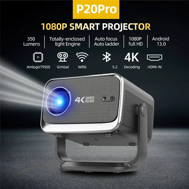 Proyector inteligente P20 Pro Android 13,0 Wifi6 Smart Full HD 1080P 4K Proyector LED Enfoque automático para Proyector de teatro
