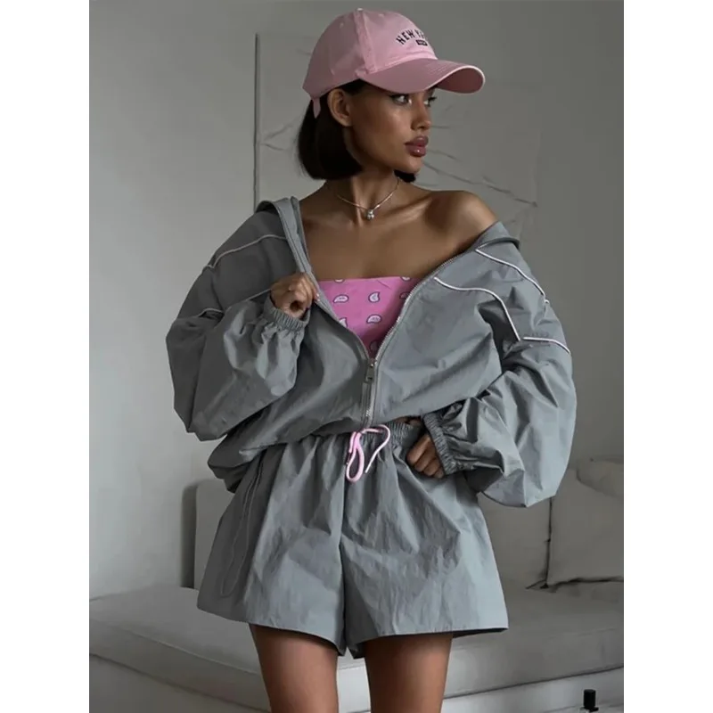 

Fashion Loose Gray 2 Piece Sets Women Outfit 2024 Elegant Long Sleeve Shirt With High Waist Shorts Set Female Streetwear