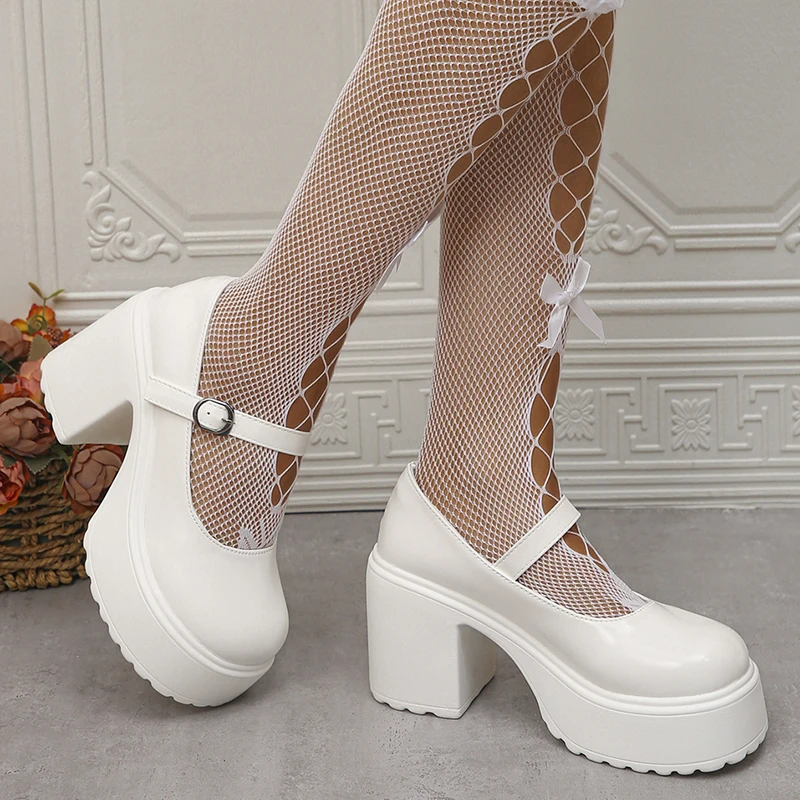 White Platform High Heels Pumps Women Patent Leather Chunky Heeled Mary Jane Shoes Woman Round Toe Buckle Strap Student Shoes