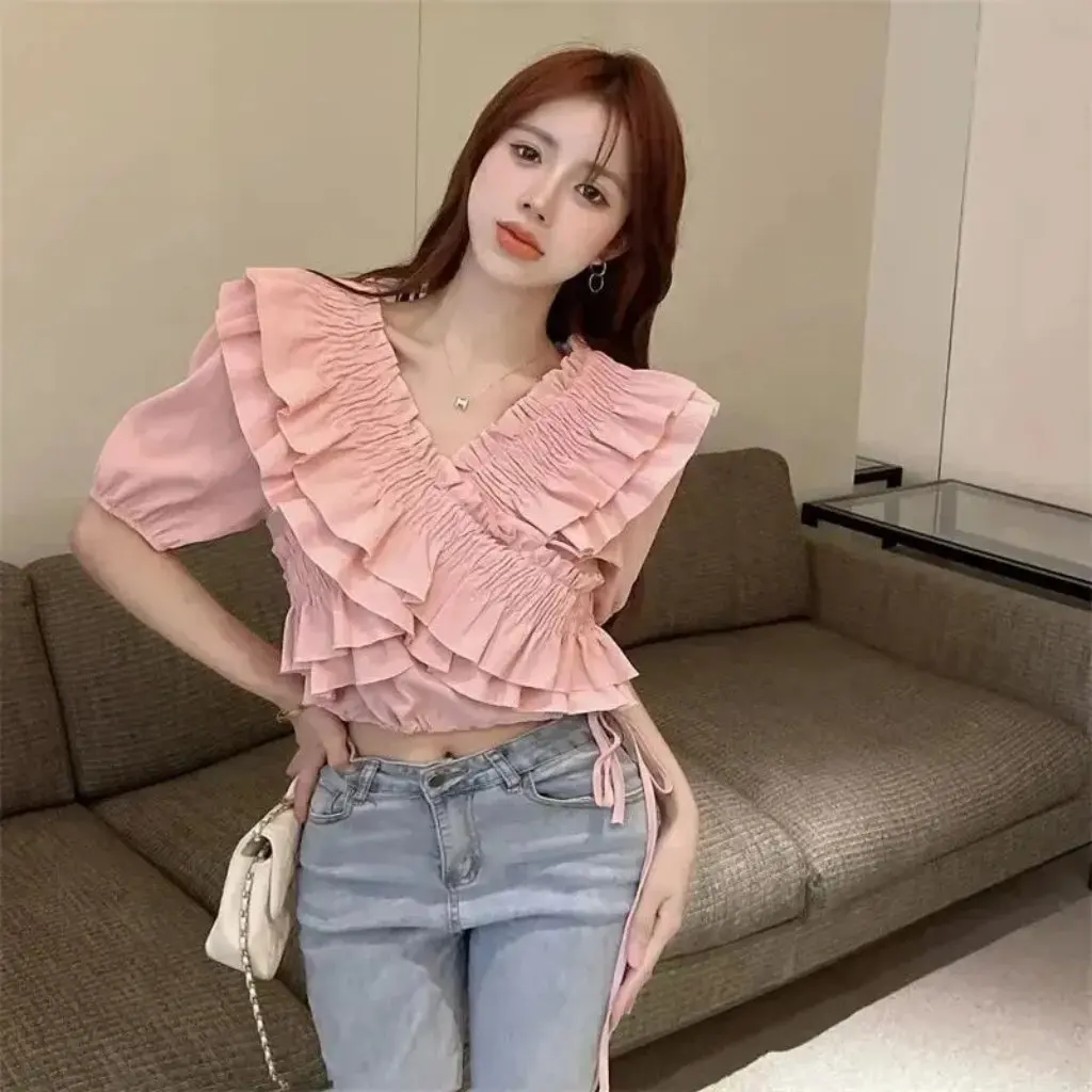 

Women's Ruffled Chiffon Shirt Short-Sleeved T-Shirt Summer Thin Cross Design Solid Color Top Ear-Rimmed