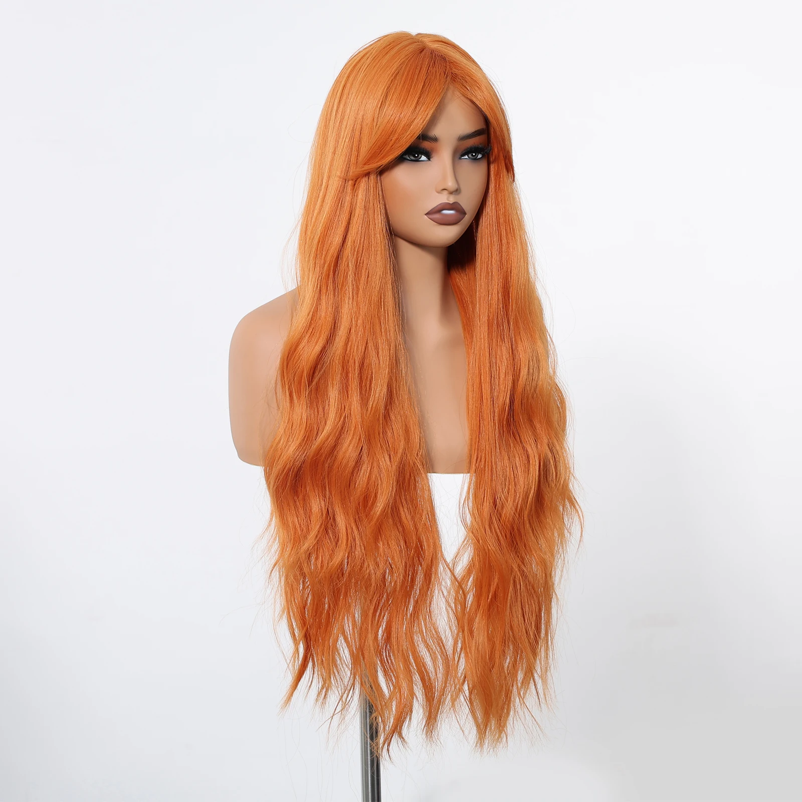 باروكة صناعية برتقالية طويلة مموجة للمياه للهالوين للنساء، باروكات مموجة مع غرة متوسطة الحجم، شعر مستعار للحفلات التنكرية مقاوم للحرارة