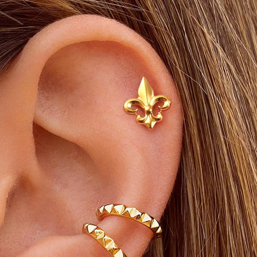Casvort 1 Stück Vintage Barock Titan Fleur-de-lis Labret Piercing Flacher Ohrstecker Gewindelose Conch Helix Ohrringe Schmuck – Detail 6