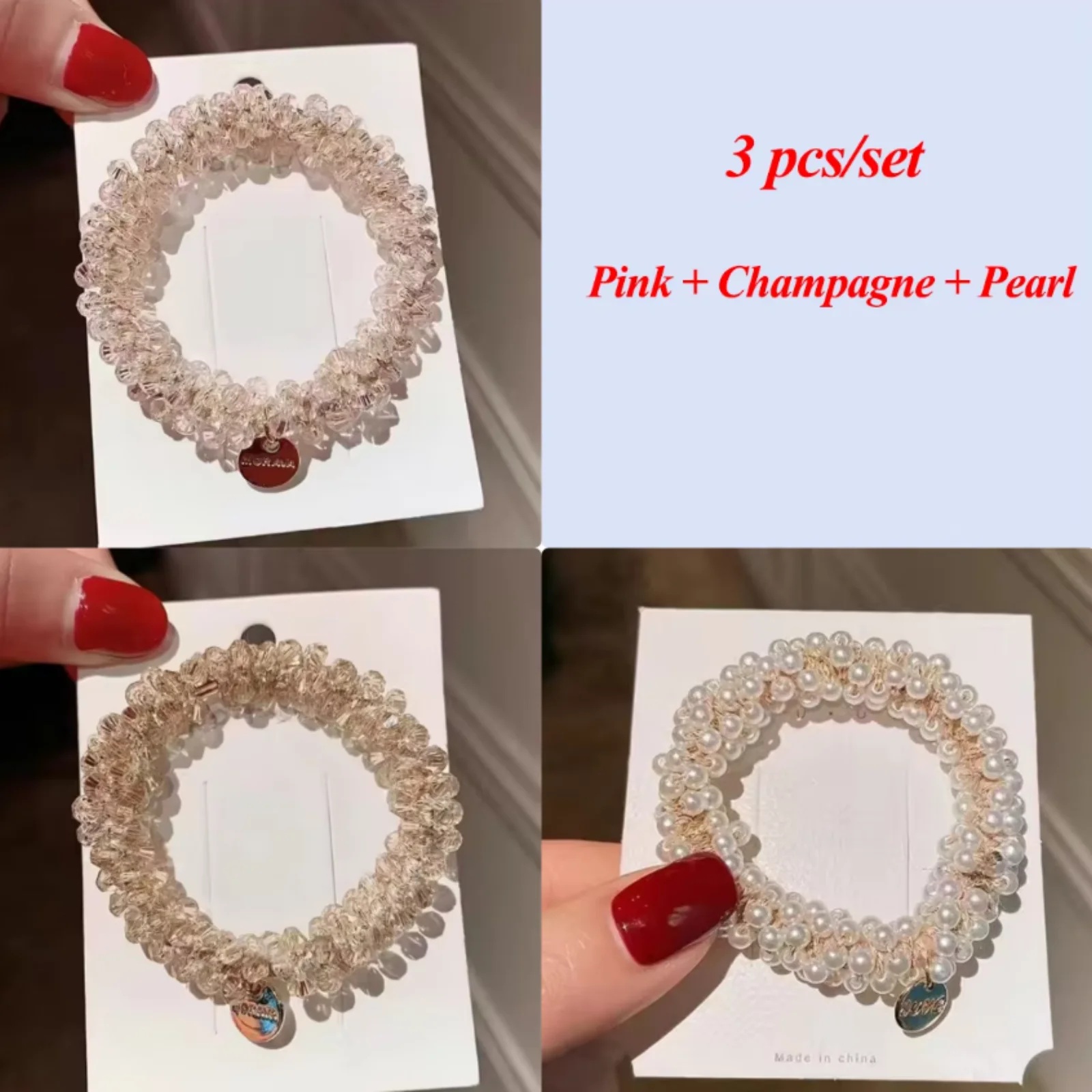 3 teile/satz Kristall Perle Perlen Elastische Bands Scrunchies Haar Zubehör Frauen Pferdeschwanz Halter Kopfbedeckungen – Detail 3