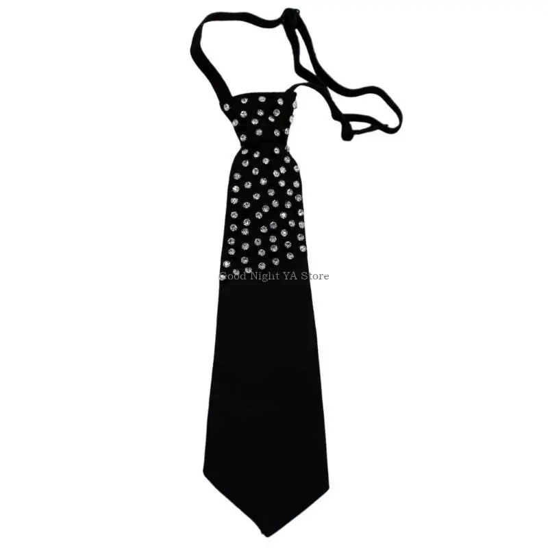  Rhinestones Embellished Necktie for Women Men Student Elegant Pre Tied Adjustable Black Ties for Uniform School Shirt