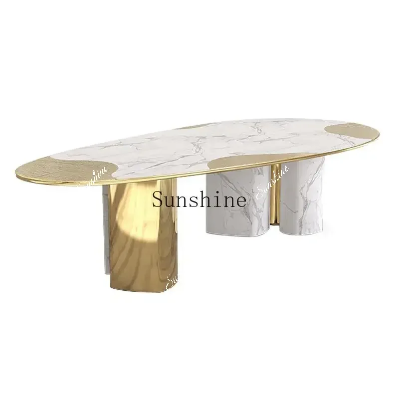 Light luxury marble dining table high-end villa stainless steel household oval dining table  FT
