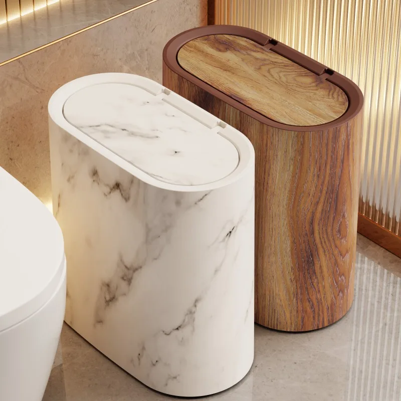 

Oval Press-Down Lid Trash Can for Bathroom Corner Plastic Bucket with Classification Storage Paper Bin for Home Use
