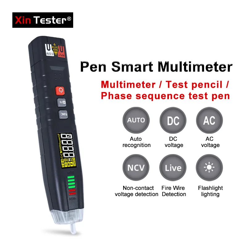 Xin Tester TRMS NCV Digital Pen Type Multimeter 600V DC AC Voltmeter Ohm Hz Phase Capacitance Test Sequence Tester XT120A