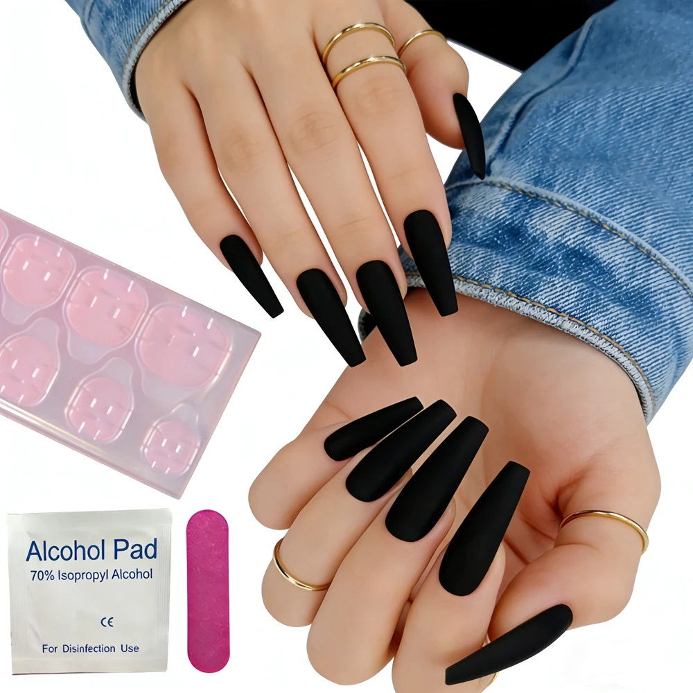 

24Pcs Extra Long Matte Black Ballerina Press On Nails Flat Top Coffin Fake Nails Reusable False Nails With Glue Kit For Women
