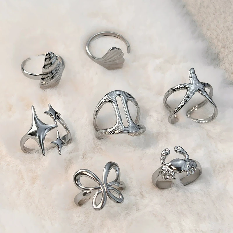 Anillos abiertos de acero inoxidable para mujer, exquisito anillo Simple con forma de cangrejo, estrella de mar, mariposa, joyería versátil Punk Vintage, regalo nuevo