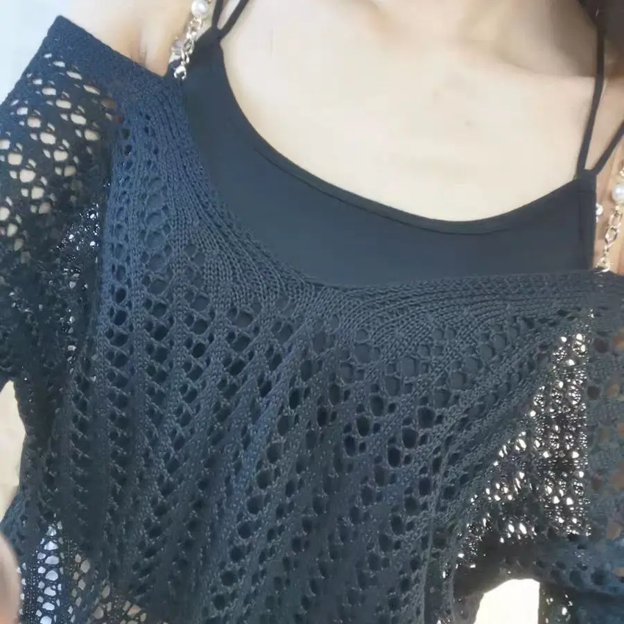 Suéter transparente de malla ahuecada para mujer, camiseta Sexy con hombros descubiertos, top de punto para niña, Vy1609