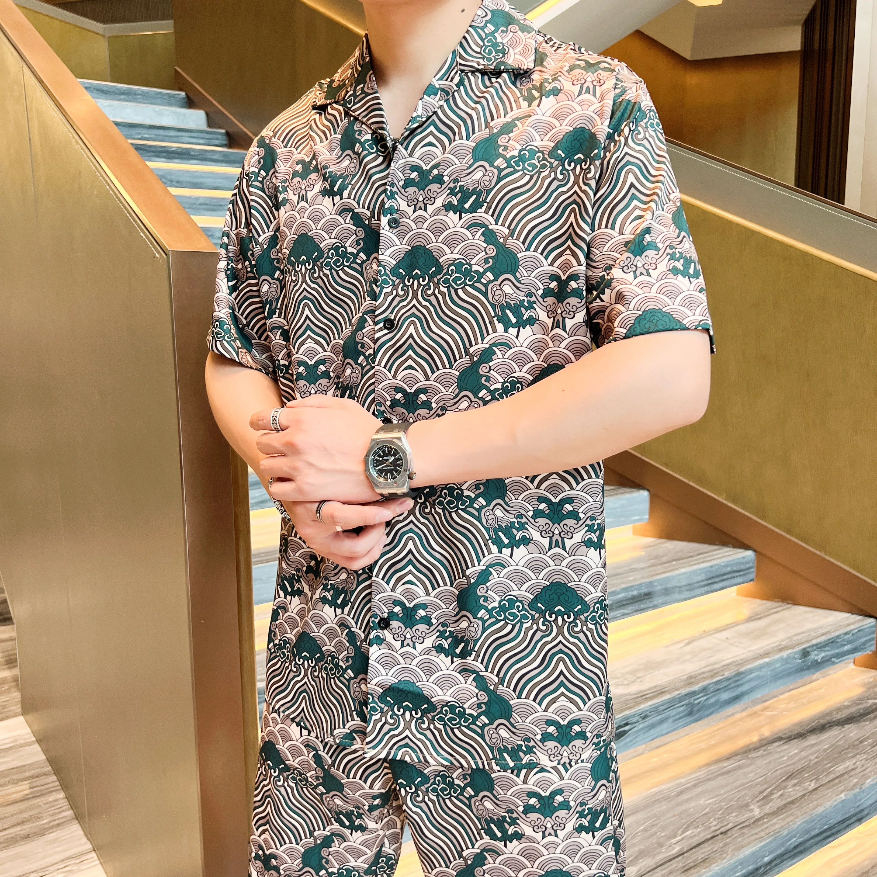 2025 Summer New Fashion Printed Casual Suit Trendy Handsome Cool Breathable Short-sleeved Shirt Shorts Two-piece Set