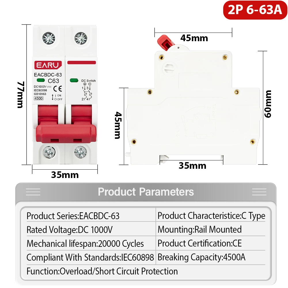 2P DC 1000V MCB Solar Mini Circuit Breaker Overload Protection Switch 6A 10A 16A 20A 25A 32A 40A 50A 63A DC1000V Photovoltaic PV