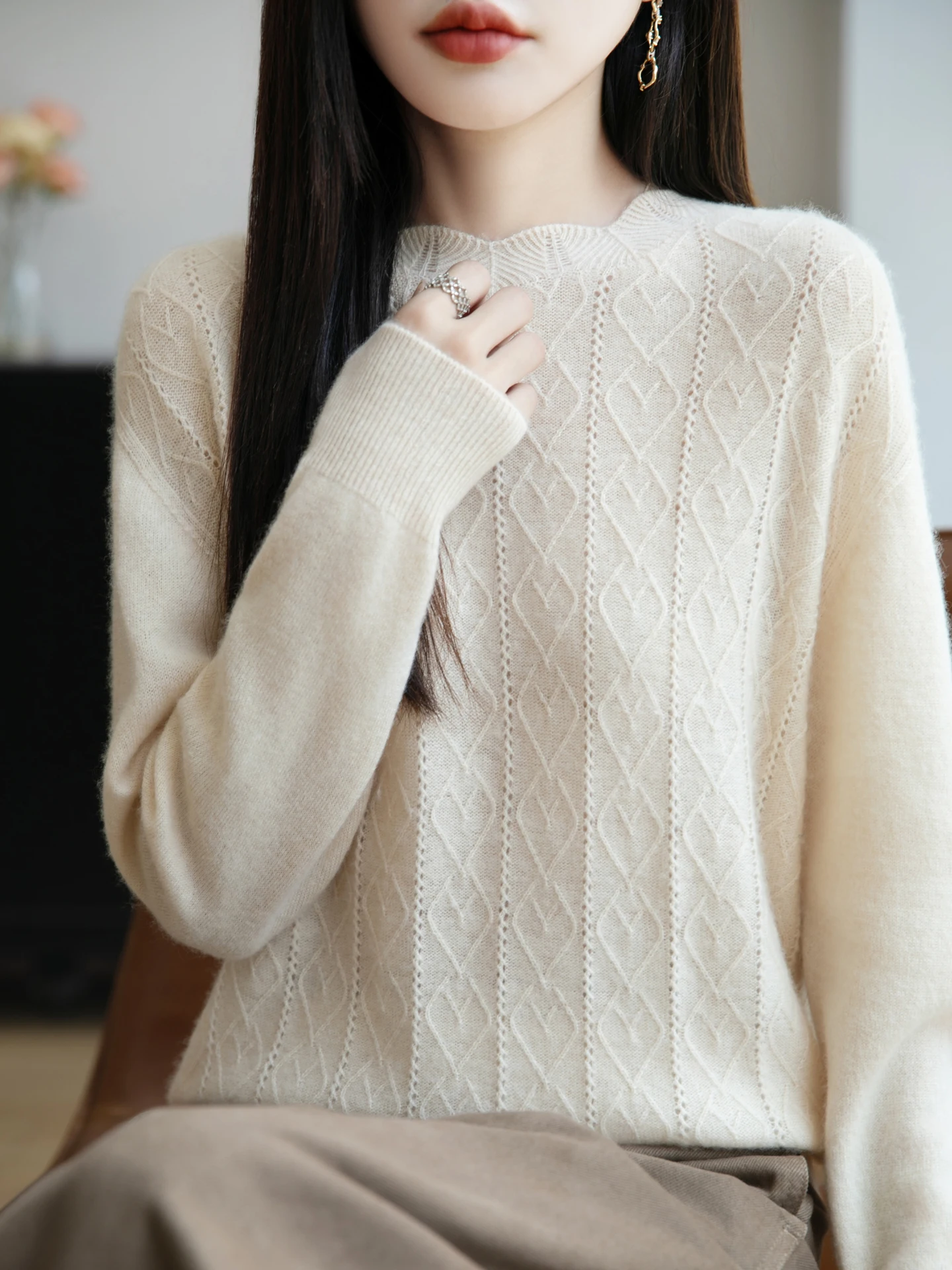 

Women's Loose Long Sve Knitted Sweater round Ne Lace Detail Casual Sle Inner Wear Diamond Pattern Soft Fabric Autumn W...