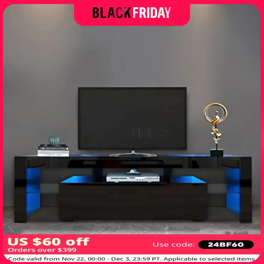 

LED TV Stand for Up 50 to 70 Inch, TVs Entertainment Center Table Stands with 2 Storage and 3 Open Shelves High Gloss, TV Stand