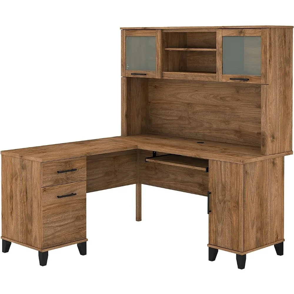 

L-Shaped Somerset Desk with Hutch, Storage Drawers, Cabinets, and Pull-Out Keyboard/Laptop Tray for Home Office