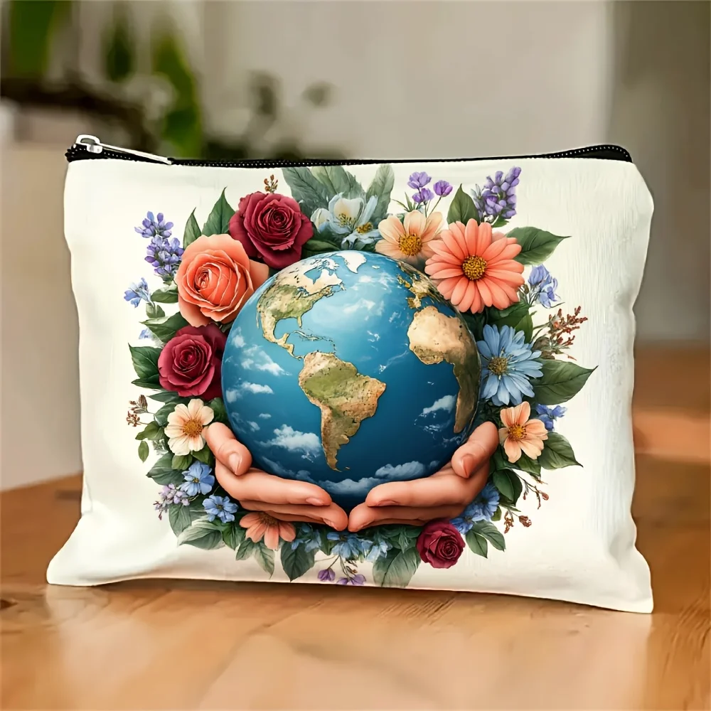 A Earth and floral makeup bag- multifunctional zipper pouch, jewelry storage bag, perfect travel zipper small storage bag.