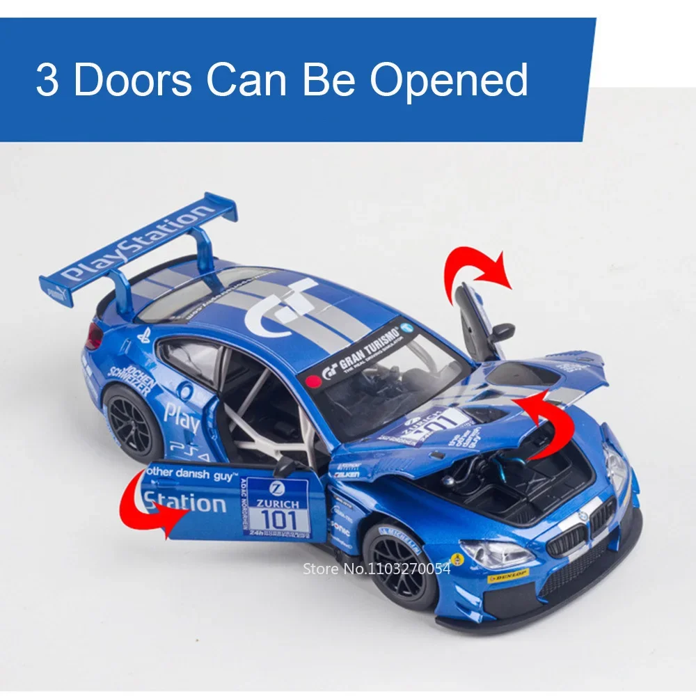 1/24 BMW M6 GT3 Toys Car Model Alloy Diecast Sports Cars Metal Body Rubber Tires 3 Doors Opened Sound Vehicle Toy Gifts for Kids