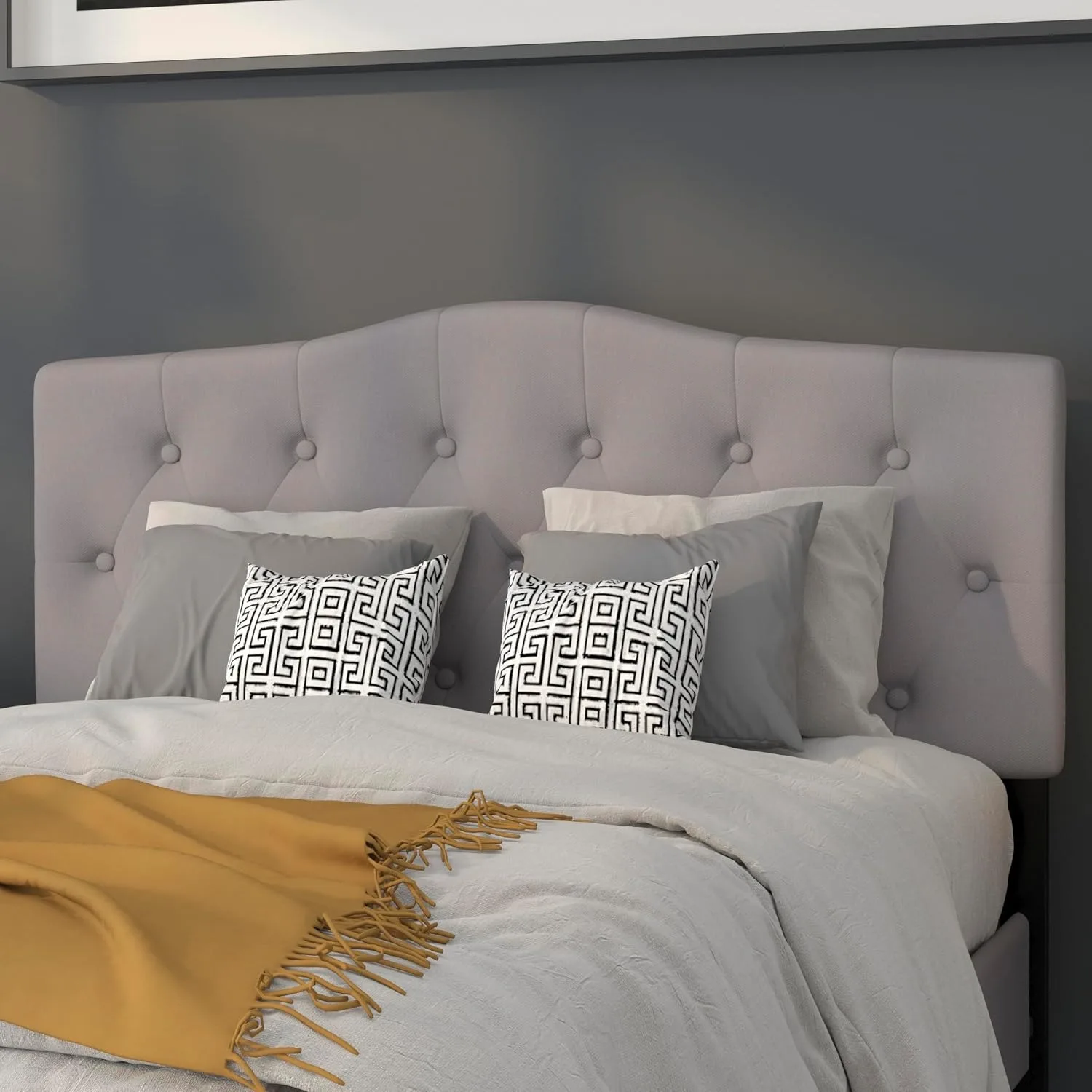 Arched Button Tufted Full Size Headboard in Light Gray Fabric, Customized