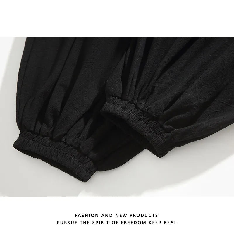 Modische Herrenhose im japanischen Stil, Haremshose, lockerer Schnitt, 100 % Baumwolle, Herrenhose für Frühling und Sommer, einfarbige Hose – Detail 15