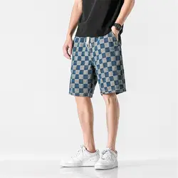 Trendy Brand Fashion Summer New Men's Elastic Waist Chessboard Grid Drawstring Pockets Young Style Loose Straight Casual Shorts