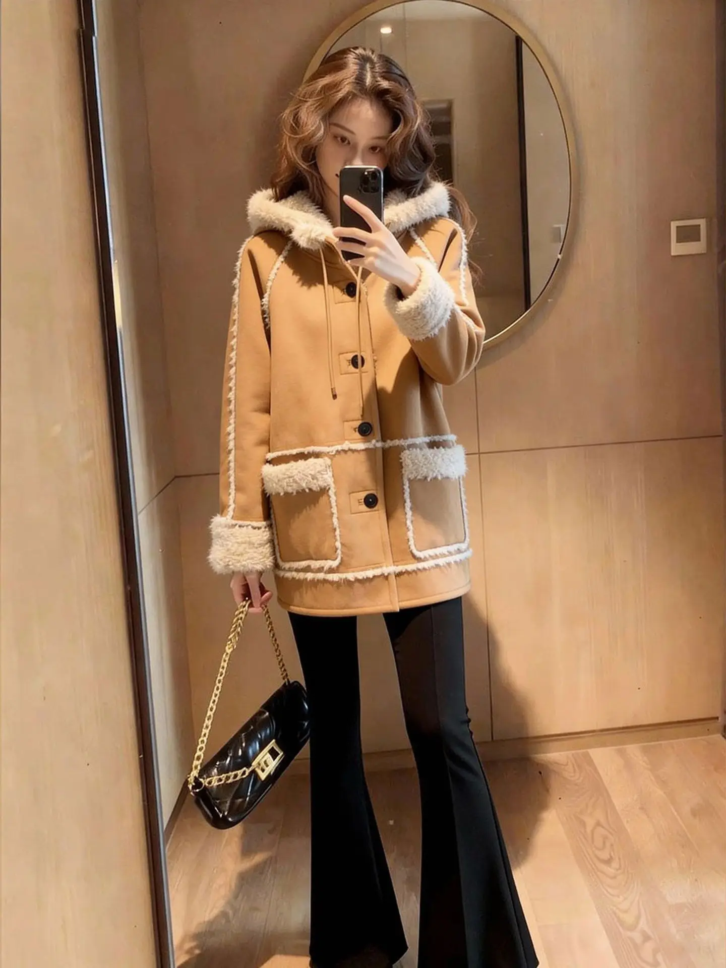 

Модная женская куртка из овечьей шерсти с капюшоном цвета хаки, весенняя новинка, корейский стиль, свободный крой, высокая талия