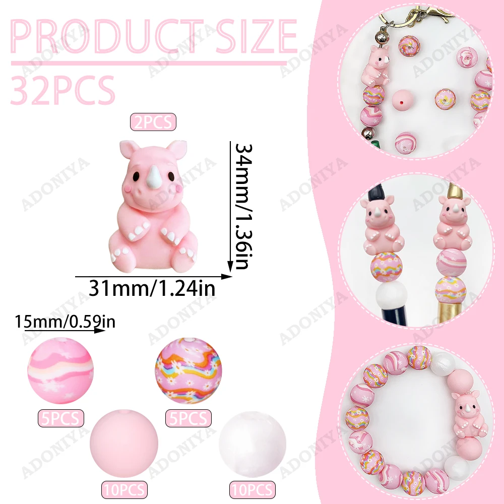 32-teiliges 3D-Nashorn-Serie Silikonperlen-Set für DIY-Halsketten, Armbänder, Stiftdekorationen, Schmuckanhänger usw. Feiertags-Geburtstagsgeschenk – Detail 11