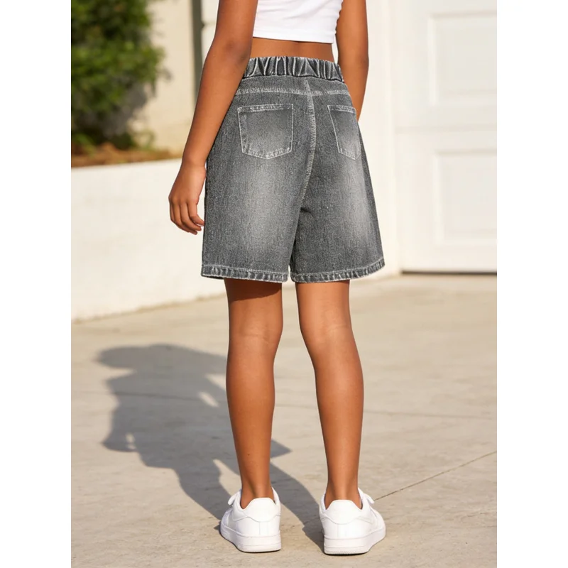 2026Children's Gray Imitation Denim Shorts Create Distressed Look Colorful Five-Pointed Star Print