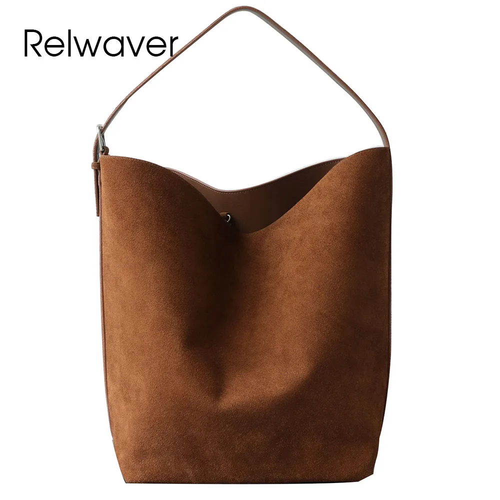 

Relwaver big suede cowhide bucket 2025 autumn winter soft underarm bag fashion handbag commuting ladies tote bag