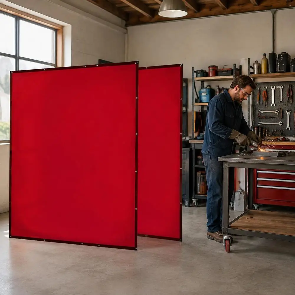 Image of 2 Stück Schweißvorhänge, 6 x 8 Fuß Schweißschutzvorhang, flammhemmender Vinyl-Schutzvorhang mit 6-stufigem UV-Schutz und Aufhängelöchern, tragbar für Werkstatt-/Industriegebrauch, rot