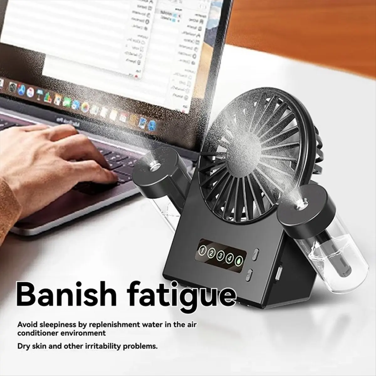 

(A64E) Настольный вентилятор-увлажнитель с двойным распылением 2-в-1, портативный USB-вентилятор с цифровым дисплеем, функцией подачи воды и распыления, 1200 мАч, черный