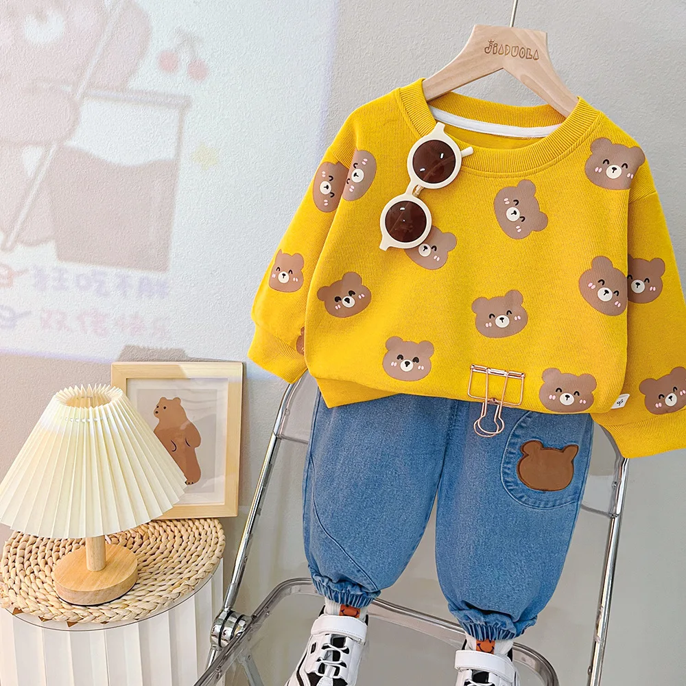 Spring Autumn Baby Boys Girls Clothing Sets Cute Cartoon Bear Rabbit Sweatshirt Tops + Denim Pants Jeans Kids Casual Clothes