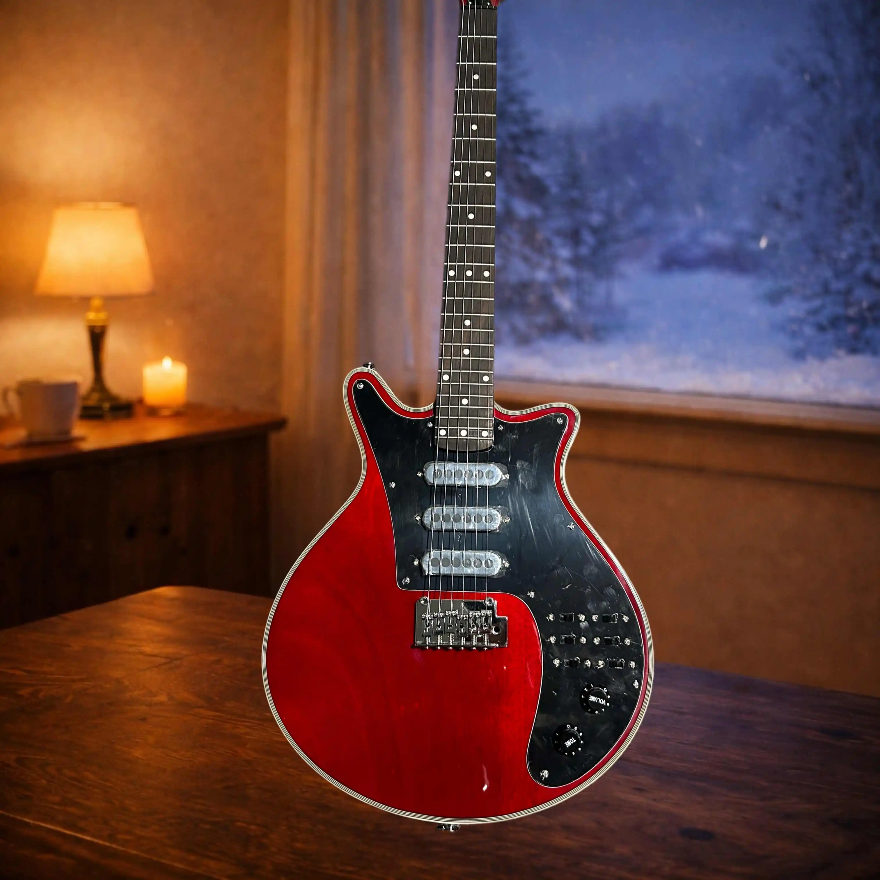 

Красная электрогитара нестандартной формы с 6 струнами и черной накладкой на грифе, в рок- и джазовом стиле.