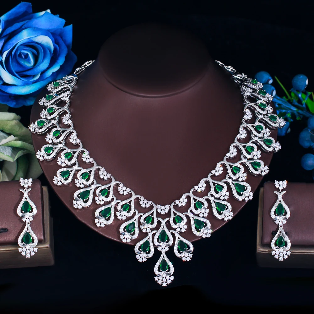 

ThreeGraces Luxury Green Cubic Zirconia Wedding Party CZ Necklace Earrings African Dubai Bridal Jewelry Set for Women T1025