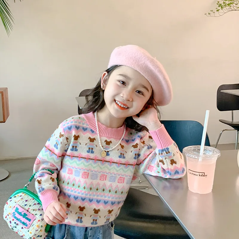 

Korean Children Girls Autumn Sweater Cotton All Print Infant Babys Girls Pullovers Loose Velvet Warm Toddler Kids Girls Knitwear