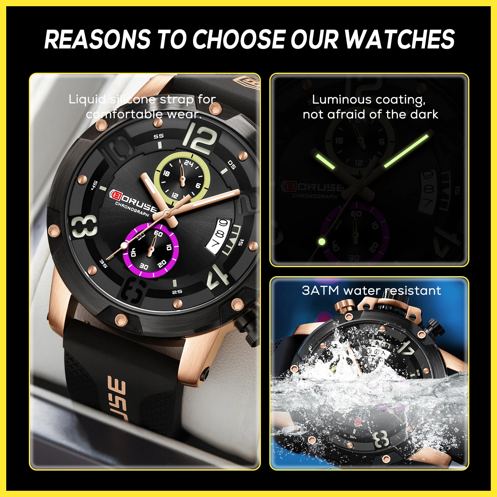 BORUSE Watches for Men Luxury Business Automatic TimeWaterproof Luminous Clock Mens Military Campaigns Quartz Wristwatches