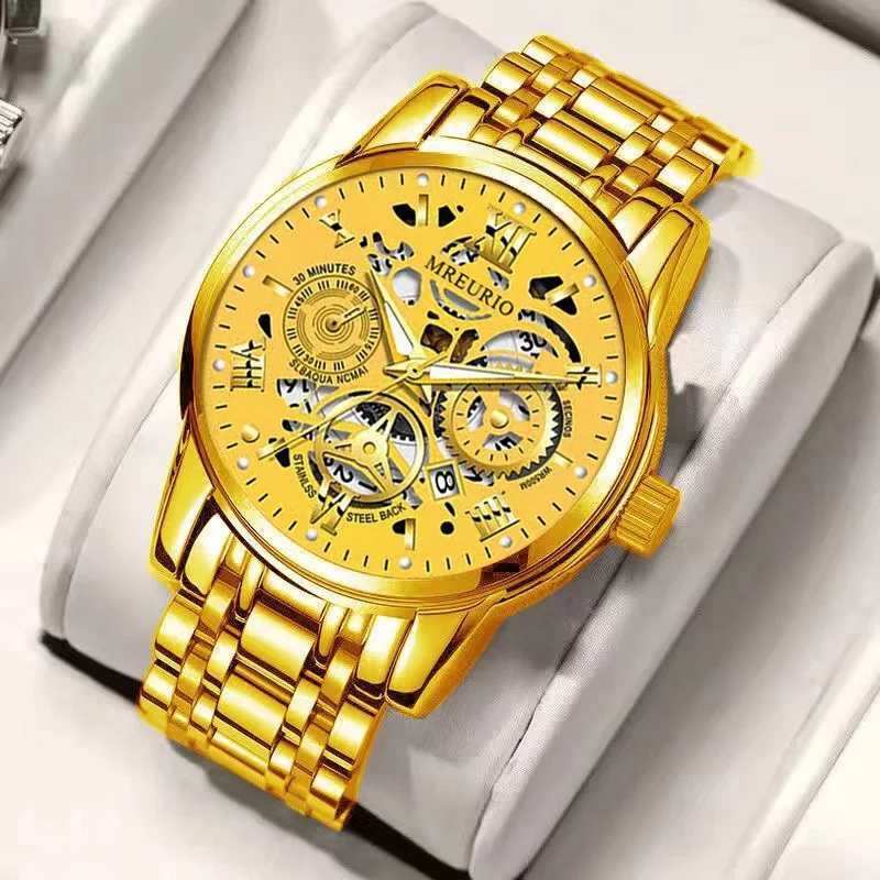 Business Men Quartz Watch Luxury Men Quartz WristWatch Hollow Out Calendar Steel Band Fashion Male Watches