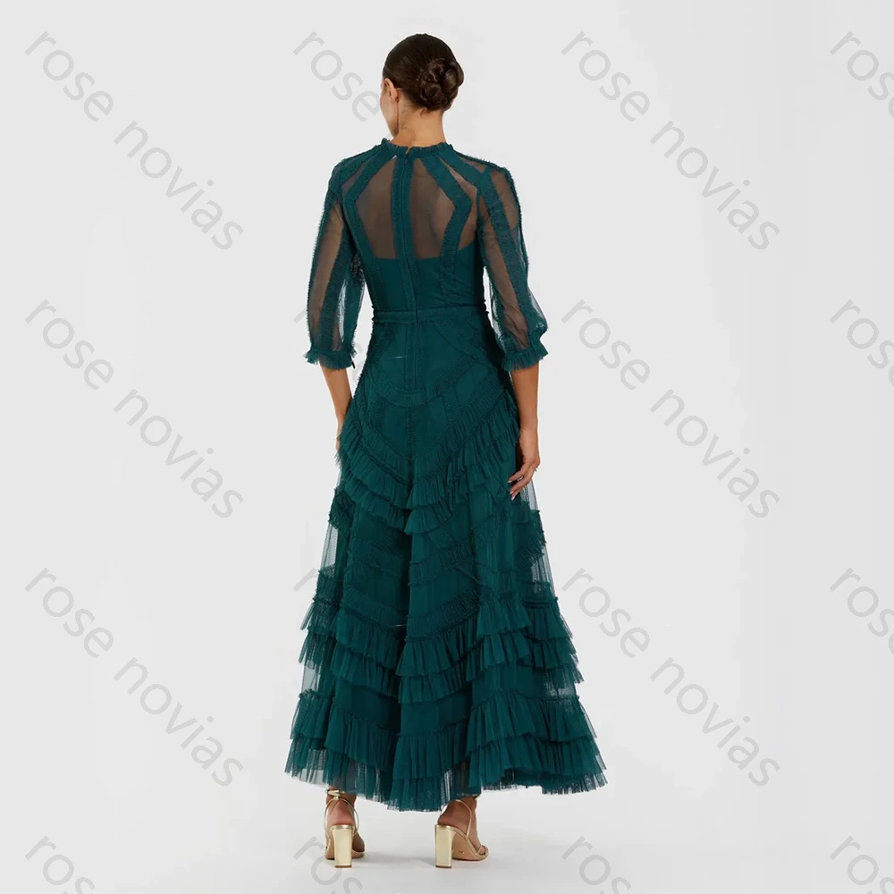 Customized Green Tulle High Quality Evening Dresses O-neck for Floor-Length Tiered A-line for Formal Evening Vestidos De Fiesta image 3