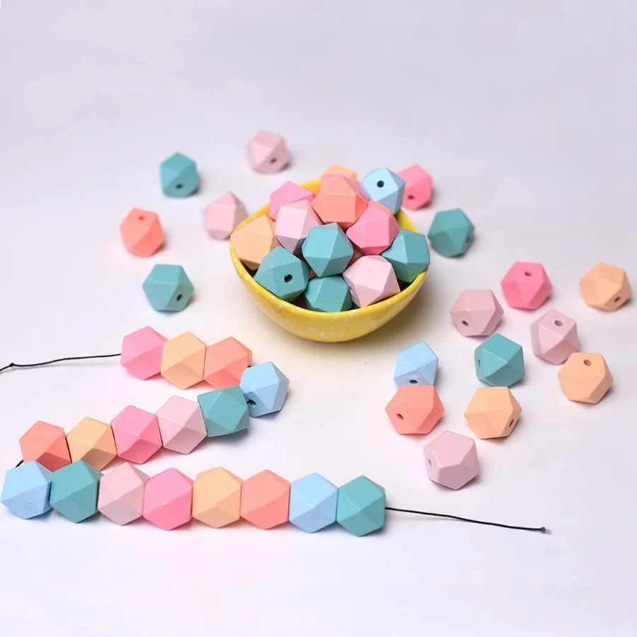 ABXF-Geometric Faceted Wood Beads, Candy Colored Wooden Beads Bracelet Garlands Are Suitable For DIY Handwork And Jewelry
