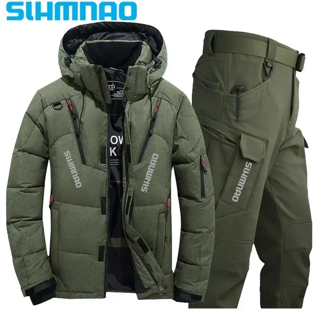 Men\'s Goose Down Jacket and Tactical Pants, Winter Fishing Suit, Warm, Snow Skiing, Mountain Climbing, Hunting Sportswear