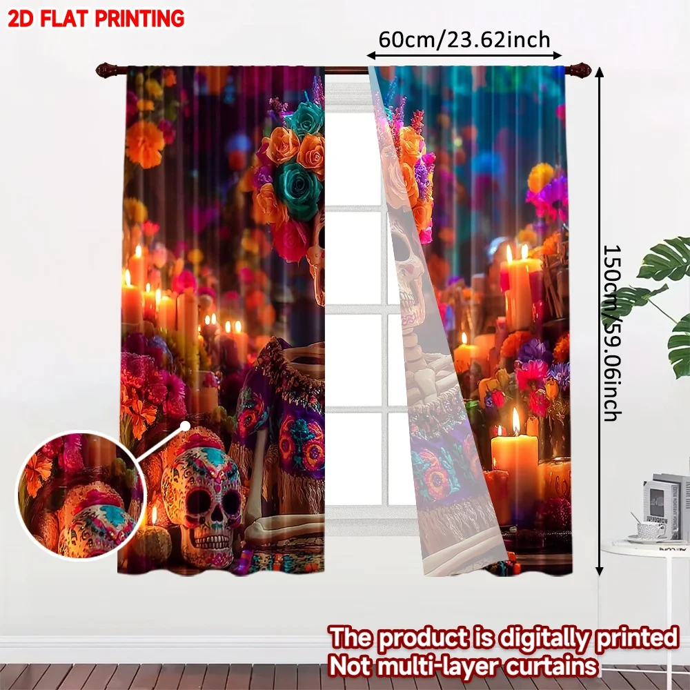 2pcs Skull with Flower Crown Curtains Digital Printing, Sugar Skull Marigold Candle Pattern for Day of the Dead Theme Room Decor