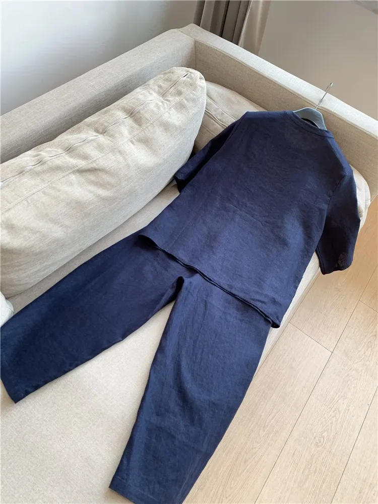 Summer Solid Color Women 2 Piece Sets Elegant Simple Cotton and Hemp Suit Casual O-neck 3/4 Sleeve Long Pants Two Piece Set