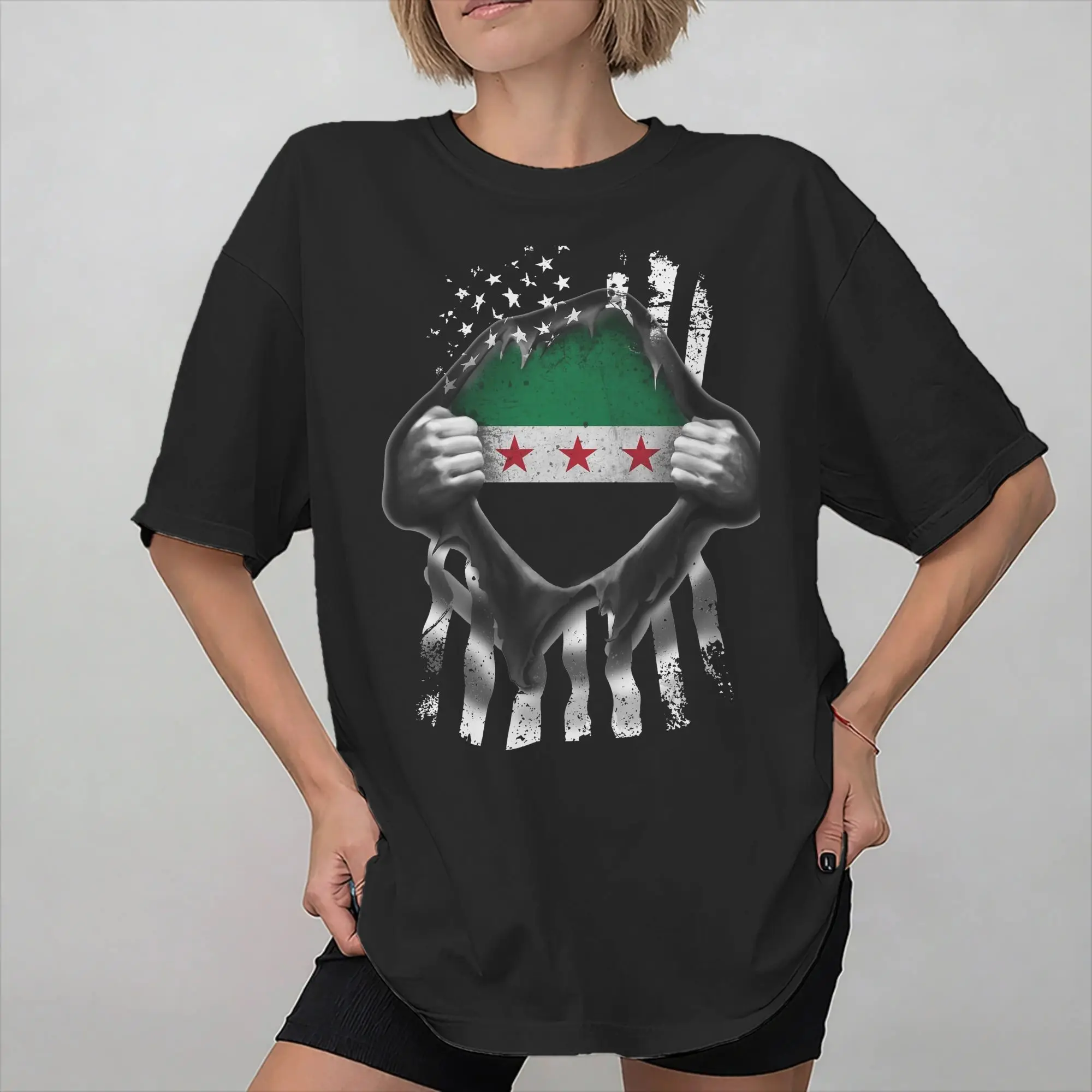 Mens Womens Syrian American Flag USA Syria  Shirt 100% Cotton New Arrival Tee Shirts  Top Clothing