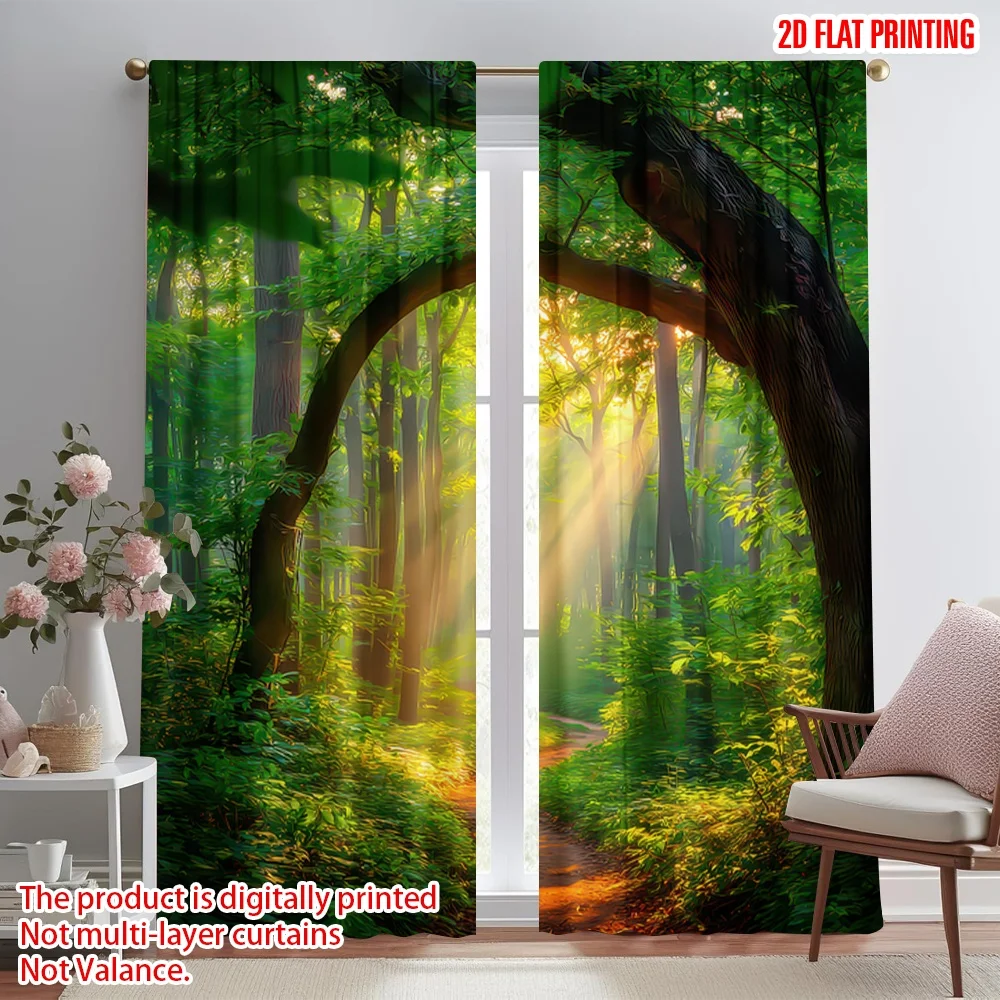 

2D flat printing 2pcs Window Treatment Curtains Sunlit Forest Path Digital Printed Polyester Drapes Holiday Decorations for
